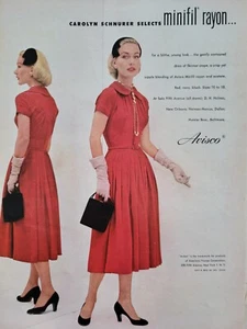 1954 Women's Carolyn Schnurer red Avisco minifil rayon dress vintage fashion ad - Picture 1 of 1