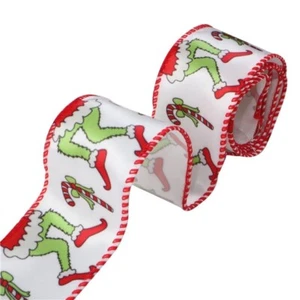 Wire Edge Christmas Satin Ribbon 38mm wide Grinch Legs Sold per metre White - Picture 1 of 3