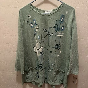 NEW Jess & Jane Shirt Womens XL Green Floral/Shapes Pockets 3/4 Sleeves USA NWT - Picture 1 of 9