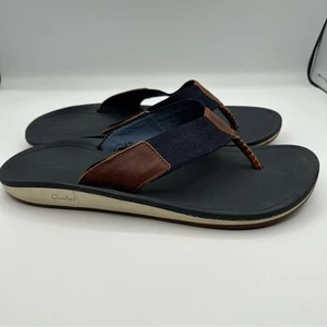 OluKai Nohona Ulana Navy and Brown Thong Flip-Flop Sandals Size 12 - Picture 1 of 11