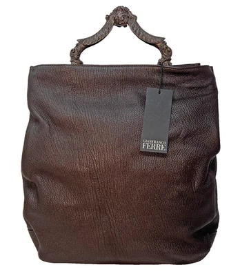 Bolso de Mano Gianfranco Ferré de Cuero Italiano con Asa Plateada Antiguada Ornamentada - Nuevo con Etiquetas Foto 1 de 4