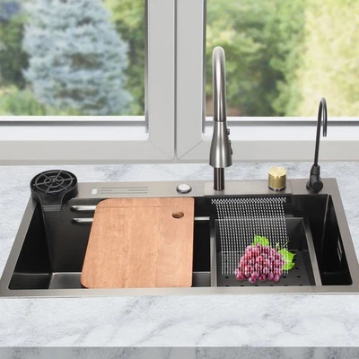 Fregadero de cocina de acero inoxidable con función de cascada grifo extraíble y lavadora de tazas Foto 1 de 4