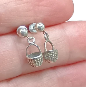 Vintage Basket Earrings Dangle Studs Tiny Woven Hollow Silver Tone 1/2" - Picture 1 of 7