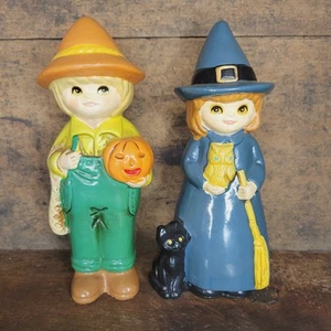 Vintage Napcoware Halloween Scarecrow Boy & Witch Girl 6 1/2" Figurines, Japan - Picture 1 of 9