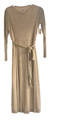 Vestido midi Anne Klein dorado arrugado largo Slv cintura metálica corbata talla 6 nuevo con etiquetas Foto 1 de 4