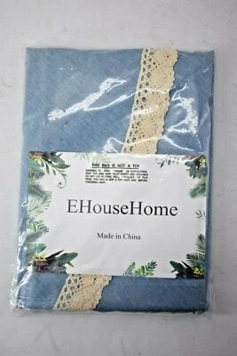 Cubierta de mantel de comedor redonda EHouse Home imitación lino azul con adornos de encaje 70" Foto 1 de 4