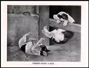 STAFFORDSHIRE BULL TERRIER PUPS CHASE MOUSE VINTAGE STYLE DOG ART PRINT POSTER - Picture 1 of 1
