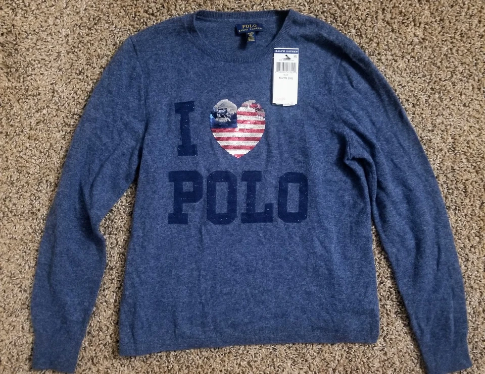 Nuevo con etiquetas Polo Ralph Lauren Niña Azul I Corazón (bandera de EE. UU.) Polo Suéter Talla S-XL Foto 1 de 1