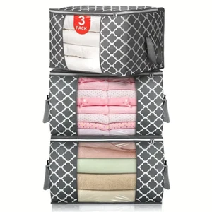 3PCS Clothes Quilt Blanket Storage Bag Foldable Organizer Charcoal Bamboo Zipper - Picture 1 of 10