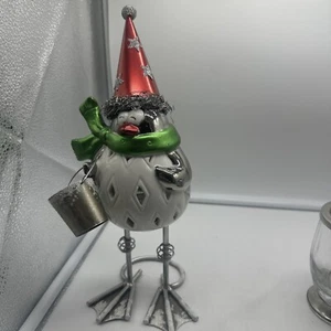 Snowman Penguin Metal And Ceramic Whimsical Candle Holder Winter Holiday 12" - Picture 1 of 9