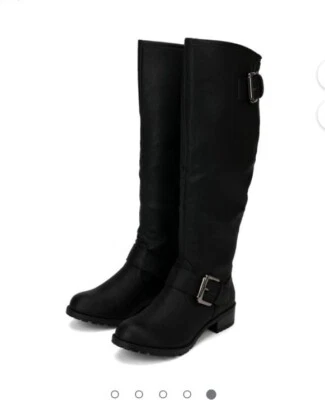 Botas hasta la rodilla Soda Runic-S de cuero sintético con hebilla y cremallera para mujer negras talla 8 Foto 1 de 4