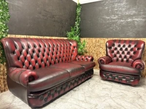 Oxblood Red Leather Chesterfield Three Seater & Arm Chair Sofa Set - CAN DELIVER - Picture 1 of 5