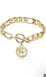 18k gold-plated link chain Charm Bracelete with Pendant Charms Set of 2 - Picture 1 of 17