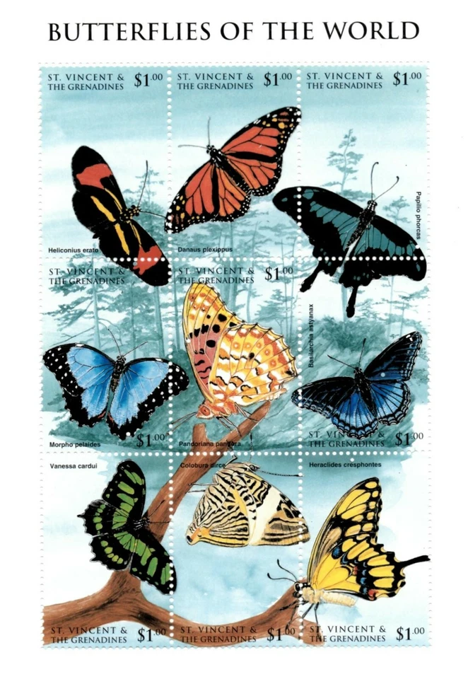 St. Vincent 1998 - Butterflies - Sheet of 9 Stamps - Scott #2539 - MNH - Image 1 of 1