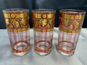 Set of 3 ~ Cera "GOLDEN GRAPE / CRANBERRY" Glass Tumblers ~ 5 1/2" Tall - Picture 1 of 7