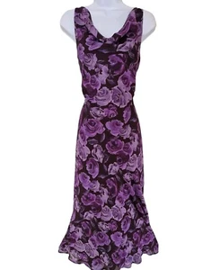 Womens Vintage Purple Brown Floral Cowl Chiffon Sleeveless Maxi Slip Dress 10. - Picture 1 of 10
