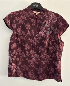 Monsoon Ladies Oriental Blouse Purple/Pink Jacquard Floral Silk Beaded UK12 VGC - Picture 1 of 12