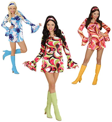 WIDMANN S5804 Costume sexy anni 70 lady vestito hippie flower power festa a tema dalla S alla XL