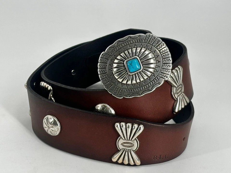 R.L.L RALPH LAUREN Cinturón de Cuero Marrón Concho Plateado Turquesa Occidental MEDIANO Foto 1 de 4