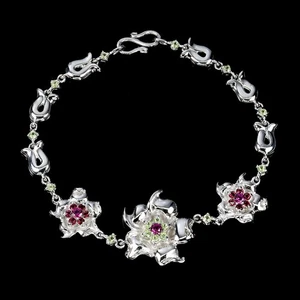 925 Sterling Silver Bracelet Round Rhodolite Peridot Natural Gemstone Jewelry 7i - Picture 1 of 14