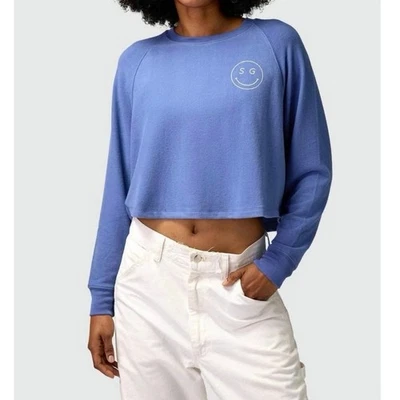 Women’s Spiritual Gangster Smiley Long Sleeve Crop Sweatshirt in Blue SZ XS - Image 1 of 4