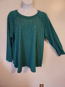 DG2 Diane Gilman Teal Green Studded Stretchy Sweater Top 2X Plus - Picture 1 of 6