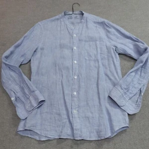 Muji Shirt Large Blue White Hickory Stripe Band Collar 100% Linen - Picture 1 of 6