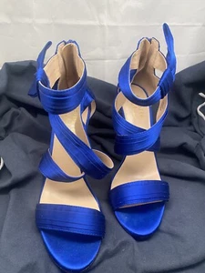 Size 6.5 Artelier Nicole Miller Blue Satin Heels With Ankle Bow, Prom/Wedding - Picture 1 of 5