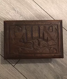 More details for wooden trinket box hand carved vintage dark brown colour approx length 15cm.