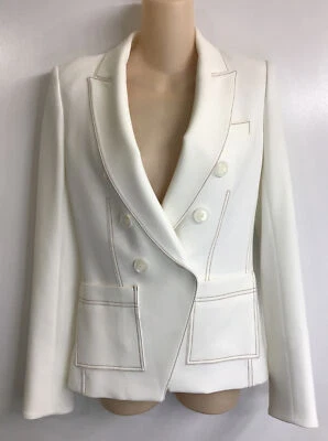 Veronica Beard Blazer Off White Poly Blend Double Breasted Brown Stitch Size 0 - Image 1 of 4