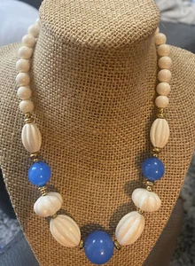 Vintage NEW TRIFARI~ Cream / Blue/ GOld TONE 18” Bead NECKLACE - Picture 1 of 3