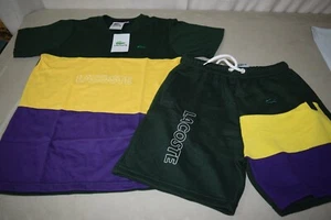 Lacoste 2 Piece Boys Colorblock Shirt and Sweat Shorts Set Green Purple Gold - Picture 1 of 5