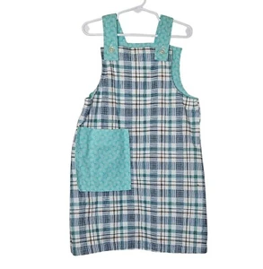 Homemade Blue White Plaid Apron Style Dress  Front Pocket Size 10 Geometric - Picture 1 of 5