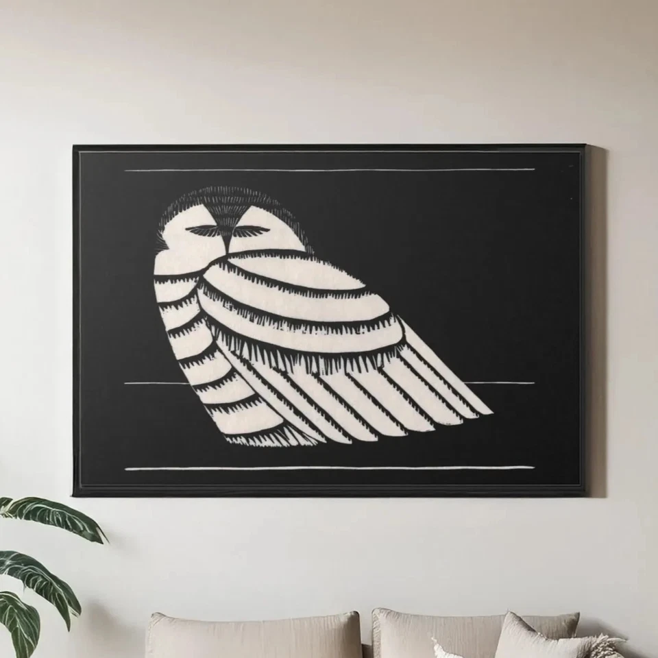 Impresión de búho nevado - arte de pared en lienzo - póster enmarcado en blanco y negro Foto 1 de 3