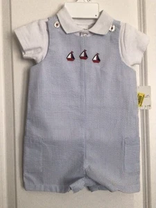 NWT!-STARTING OUT-(6-9M)-Baby Boy Shirt &Romper Set-Blue/White Seersucker Stripe - Picture 1 of 16