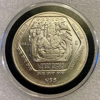 1994 Mexico 5 Nuevos Pesos 1 Onza Silver Lapida Tumba De Palenque Rare Date Coin - Image 1 of 2
