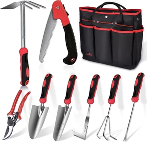 Red Gardening Tools, 9 Piece Stainless Steel Heavy Duty Garden Tools, Red Garde - Picture 1 of 6