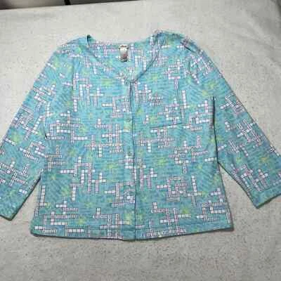 Camisa polar con botones XL de Adonna para mujer crucigrama patrón de rompecabezas top azul Foto 1 de 4