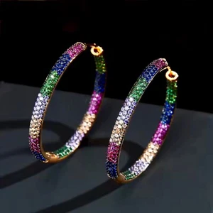 18k Gold Filled Multicolor Big Hoop Earrings made w Swarovski Crystal Gorgeous - Picture 1 of 14