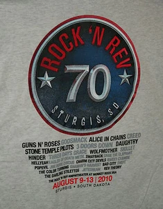 2010 Sturgis Rock 'N Rev Concert Guns & Roses 70 Motorcycle Gray T-Shirt New LG - Picture 1 of 4