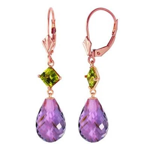 11 Carat 14K Rose Gold Leverback Gemstone Earrings w/ Peridots & Amethysts - Picture 1 of 4