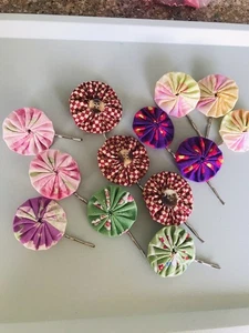 YoYo Cotton Fabric Bobby Bobbi Pins, Hair Clips, Clearance Sale Lot of 13 - Picture 1 of 5