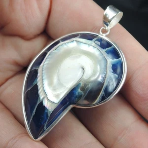 925 Sterling Silver Medium Size Blue Coloured Nautilus Shell Pendant, NSP-644 - Picture 1 of 6