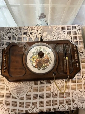 Vintage Teak wood cheese serving tray with glass dome And 2 Knife’s Mint Cond. - Image 1 of 4