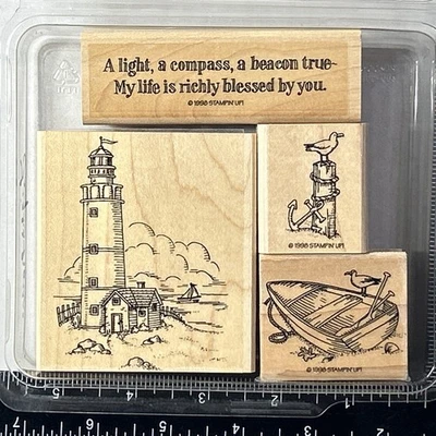 Estampación de faro montado en madera estampillas de goma álbumes de recortes fila barco gaviota Foto 1 de 4