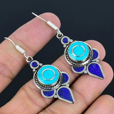 Orecchino nepalese tibetano argento sterling 925 etnico lapislazzuli... - Immagine 1 di 4