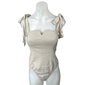 NEW Free People Lola Beige Sleeveless Tie Strap Square Neck Bodysuit Tank Top S - Picture 1 of 7