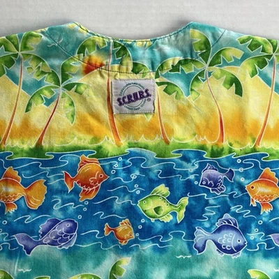 S.C.R.U.B.S. Snap Up S/S Scrub Top Size Small Tropical Fish Palm Trees Print - Image 1 of 4