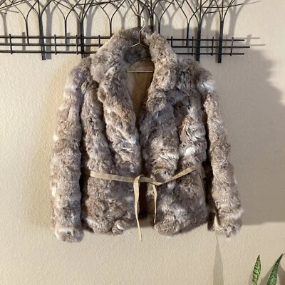 CHAQUETA DE PIEL DE CONEJO CLÁSICA DE COLECCIÓN BRONCEADA/MARRÓN con CINTURÓN DE CUERO TOTALMENTE FORRADA PARA MUJER L Foto 1 de 4