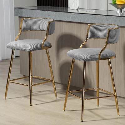 Counter Height Bar Stools Set of 2, Modern Corduroy Barstools with Curved Back a - Image 1 of 4